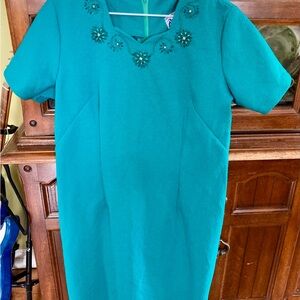 Vintage Bluebelle Teal Midi Dress with Floral Stone Accents
